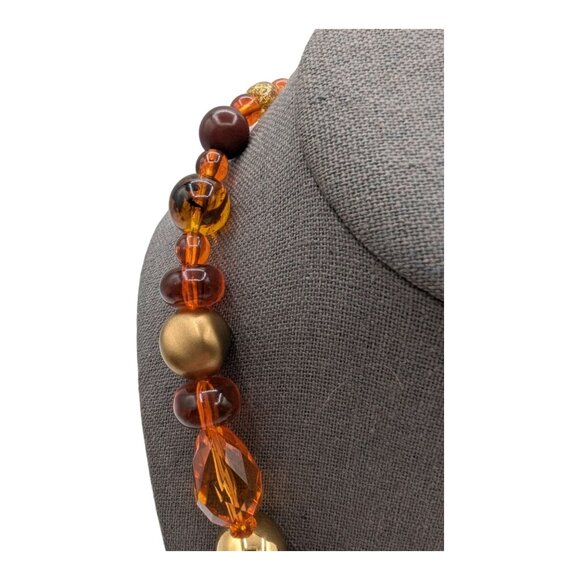 Handcrafted Beaded Necklace With Gold Amber & Red Beads - 16" Long - Picture 4 of 9